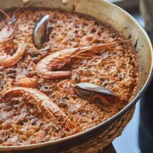 Paella con gambas y mejillones de Safrà21 en el restaurante